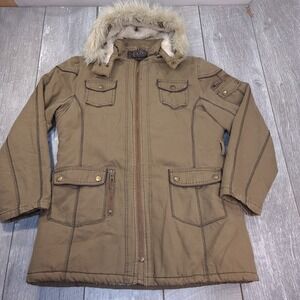 Top Gun Artillery Cargo Jacket Women XL Brown Faux Fur Trim Hood Sherpa Lined